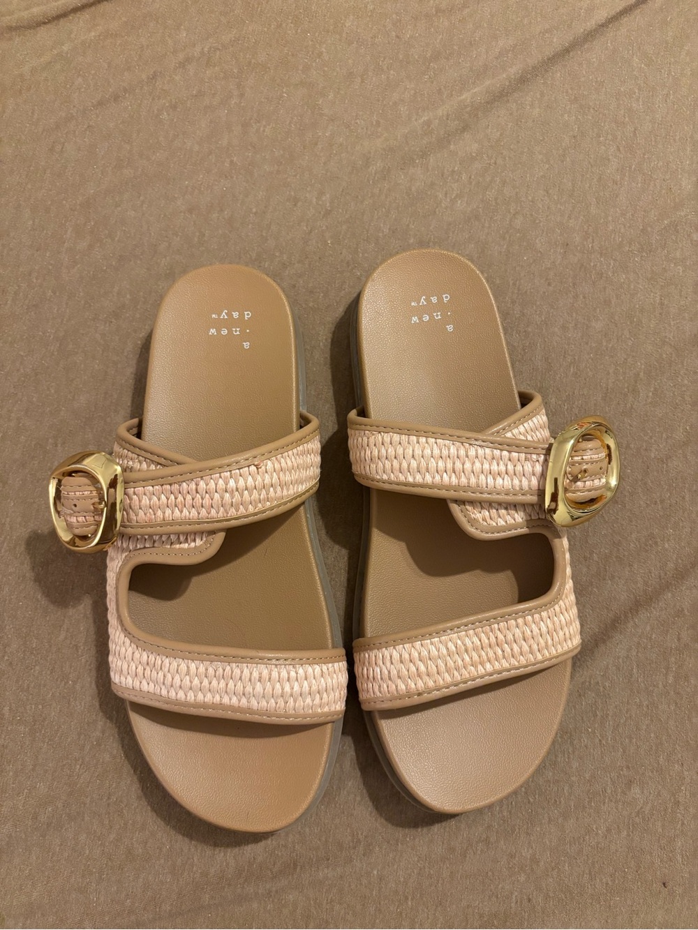 Women’s Neutral Tan Slide Sandals with Gold Buckle